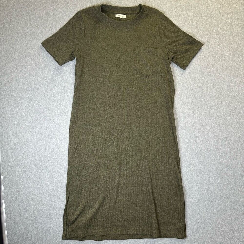Madewell Women’s Size Medium Ribbed Pocket T Shirt Midi Dress Olive Green
